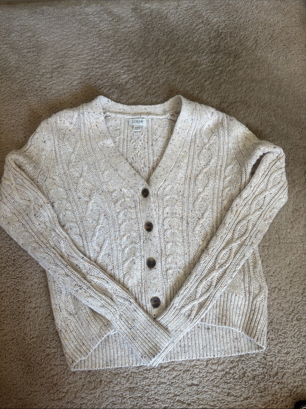 J. Crew Heathered Cream Cable-Knit V-Neck Cardigan
